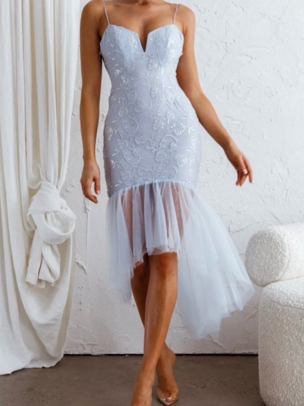 Light Blue Lace High-Low Mermaid Dress with Tulle Hem